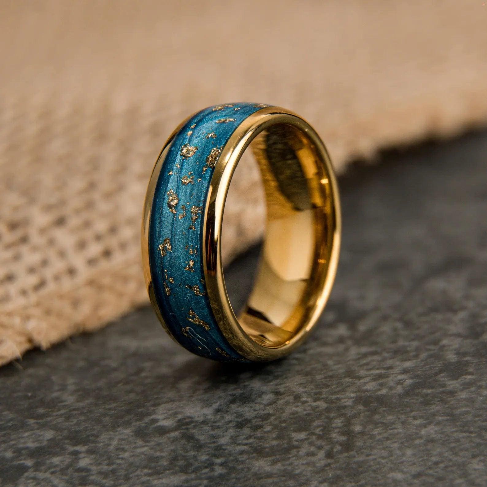 Ozeanblauer Ring Mit Goldenem Glanz 8mm, Verlobungsring, Eheringe, Trauringe, Ring, Herrenring, Damenring, Partnerring, Gravur von StellarForgeRings