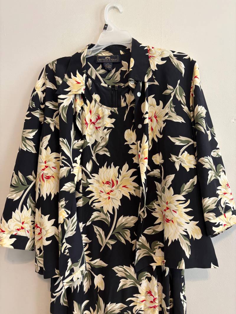 Vintage Y2K Schwarz Floral Seide 2-Teiler Maxi Kleid Und 3/4 Ärmel Button-Down-Top - Größe 12 | Medium-Large von StellarGemz
