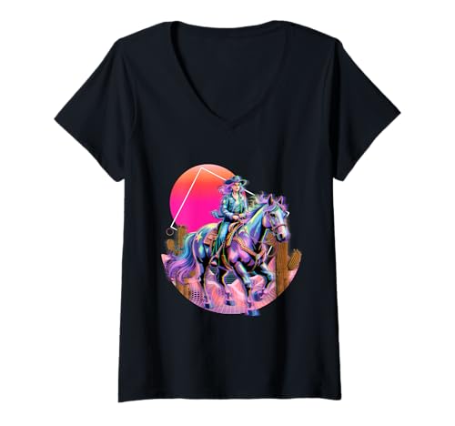 Damen Cowgirl Vaporwave Pferd Western Synth Desert Sunset T-Shirt mit V-Ausschnitt Damen Cowgirl Vaporwave Pferd Western Synth Desert Sunset T-Shirt mit V-Ausschnitt von StellarRider