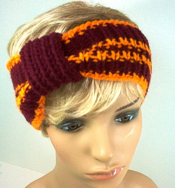 Handgestricktes Ohrenwärmer Stirnband Virginia - Kastanienbraun Und Orange von StellasKnits