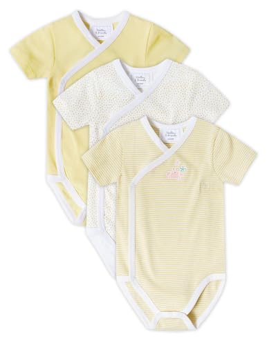 Stellou & friends Baby 100% Bio-Baumwoll Wickelbody 3er Set, kuschelweiche und hochwertige Kinder Kleidung für Jungs und Mädchen mit schönen Prints Kurzarm Pastellgelb 62-68 von Stellou & friends