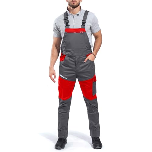 Stenso EOS Arbeitshosen Männer - Arbeitslatzhose Herren mit Stretch, Reflektierende Elemente, Verstellbare Elastische Träger, YKK-Reißverschluss, Seitliche Knöpfe, 3 Taschen, Dreifache Stiche Rot 46 von Stenso