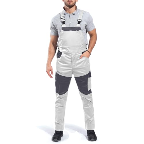 Stenso EOS Arbeitshosen Männer - Arbeitslatzhose Herren mit Stretch, Reflektierende Elemente, Verstellbare Elastische Träger, YKK-Reißverschluss, Seitliche Knöpfe, 3 Taschen, Dreifache Stiche Weiß 64 von Stenso