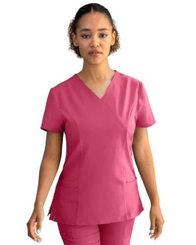 Stenso Nobby Kasacks Damen Pflege - Tailliert, Stretch, V-Ausschnitt, Kurzarm Kasack Mit Seitenschlitzen Und DREI Taschen - Elastisches Material Kasaks Altenpflege Damen helles Fuchsia S von Stenso