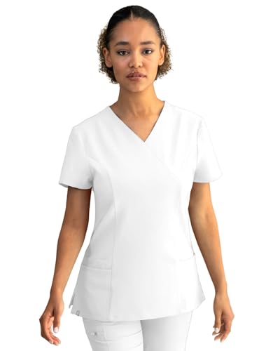 Stenso Nobby Kasacks Damen Pflege - Tailliert, Stretch, V-Ausschnitt, Kurzarm Kasack Mit Seitenschlitzen Und DREI Taschen - Elastisches Material Kasaks Altenpflege Damen Weiß L von Stenso