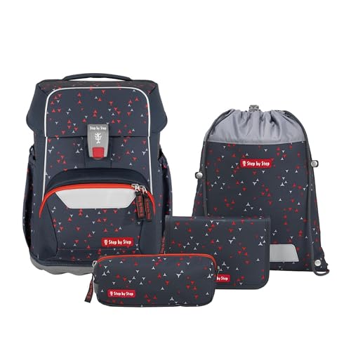 Step by Step Basis Schulranzen-Set „Anthrazit Triangles“, 4-teilig, grau, ergonomischer Tornister mit Reflektoren, Hüft- und Brustgurt, für Kinder ab der 1. Klasse, 20 Liter von Step by Step