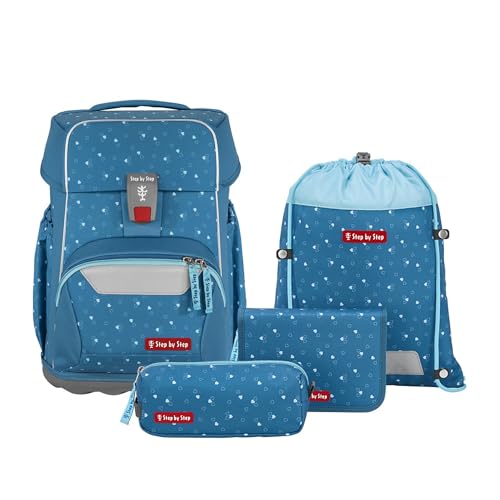 Step by Step Basis Schulranzen-Set „Blue Hearts“, 4-teilig, blau, ergonomischer Tornister mit Reflektoren, Hüft- und Brustgurt, für Kinder ab der 1. Klasse, 20 Liter von Step by Step