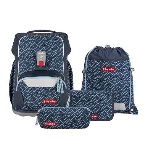 Step by Step Basis Schulranzen-Set „Blue Lines“, 4-teilig, blau, ergonomischer Tornister mit Reflektoren, Hüft- und Brustgurt, für Kinder ab der 1. Klasse, 20 Liter von Step by Step
