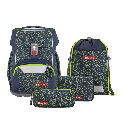 Step by Step Basis Schulranzen-Set „Green Geometrics“, 4-teilig, grün, ergonomischer Tornister mit Reflektoren, Hüft- und Brustgurt, für Kinder ab der 1. Klasse, 20 Liter von Step by Step