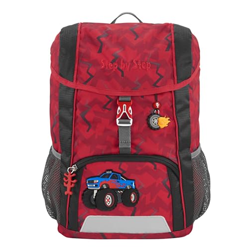 Step by Step Rucksack-Set KID „Monster Truck Rocky“, mit Sitzkissen, ergonomischer Mini-Ranzen mit abnehmbarem Brustgurt, für Kindergarten, Vorschule und Freizeit, 13 l, rot- schwarz von Step by Step