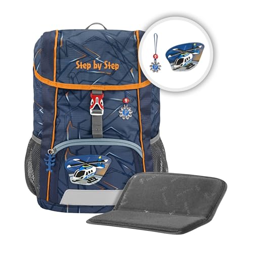 Step by Step Rucksack-Set Kid „Helicopter Sam“, mit Sitzkissen, ergonomischer Mini-Ranzen mit abnehmbarem Brustgurt, für Kindergarten, Vorschule und Freizeit, 13 l, grau-orange von Step by Step