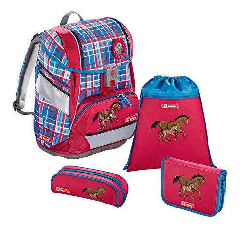 Step by Step Schulranzen-Set 2IN1 „Horse Family“ 4-teilig, rot-blau, Pferde-Design, ergonomischer Tornister mit Reflektoren, höhenverstellbar mit Hüftgurt für Mädchen 1. Klasse, 19L von Step by Step