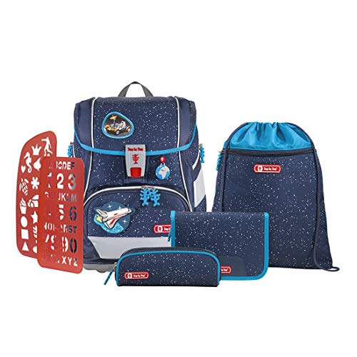 Step by Step Schulranzen-Set 2IN1 Plus „Sky Rocket Rico“ 6-teilig, blau-schwarz, Weltraum-Design, ergonomischer Tornister mit Reflektoren, höhenverstellbar mit Hüftgurt für Jungen 1. Klasse, 19L von Step by Step