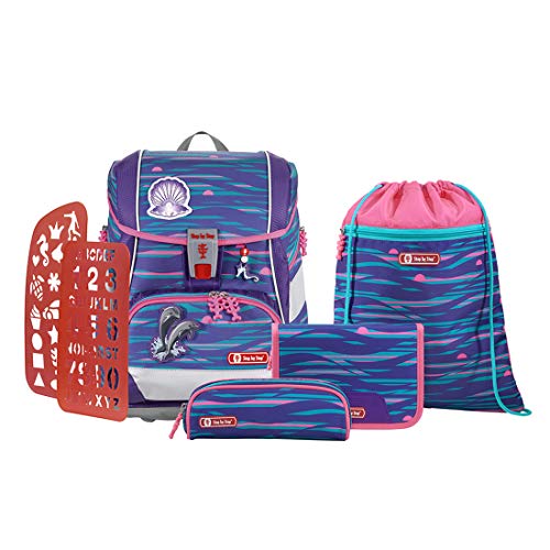 Step by Step Schulranzen-Set 2IN1 Plus Reflect „Shiny Dolphins“ 6-teilig, lila-blau, Delfin-Design, ergonomischer Tornister mit Reflektoren, höhenverstellbar mit Hüftgurt für Mädchen 1. Klasse, 19L von Step by Step