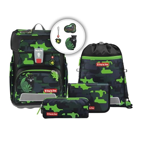Step by Step Schulranzen-Set Cloud „Black Cat Chiko“ 5-teilig, schwarz-grün, Panther-Design, ergonomischer Tornister mit Reflektoren, höhenverstellbar mit Hüftgurt für Jungen ab der 1. Klasse, 19L von Step by Step