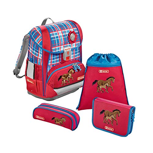 Step by Step Schulranzen-Set LIGHT „Horse Family“ 4-teilig, blau-rot, Pferde-Design, ergonomischer Tornister mit Reflektoren, höhenverstellbar für Mädchen 1. Klasse, 18L von Step by Step