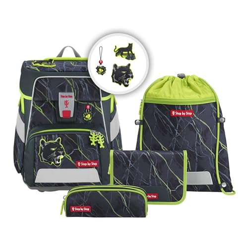 Step by Step Schulranzen-Set Space „Danger Cat Chiko“ 5-teilig, grau-grün, Panther-Design, ergonomischer Tornister mit Reflektoren, höhenverstellbar mit Hüftgurt für Jungen ab der 1. Klasse, 20L von Step by Step