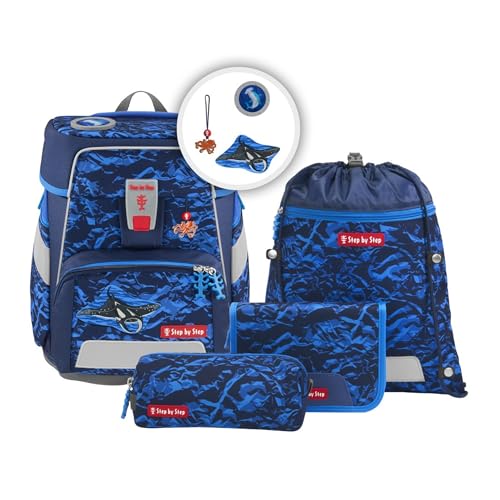 Step by Step Schulranzen-Set Space „Manta Rio“ 5-teilig, blau, Unterwasserwelt-Design, ergonomischer Tornister mit Reflektoren, höhenverstellbar mit Hüftgurt für Jungen ab der 1. Klasse, 20L von Step by Step