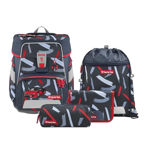 Step by Step Schulranzen-Set Space „Sports Car Mick“ 5-teilig, grau-rot, Auto-Design, ergonomischer Tornister mit Reflektoren, höhenverstellbar mit Hüftgurt für Jungen ab der 1. Klasse, 20L von Step by Step