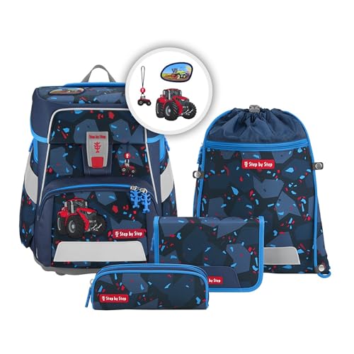 Step by Step Schulranzen-Set Space „Tractor Freddy“ 5-teilig, blau, Traktor-Design, ergonomischer Tornister mit Reflektoren, höhenverstellbar mit Hüftgurt für Jungen ab der 1. Klasse, 20L von Step by Step