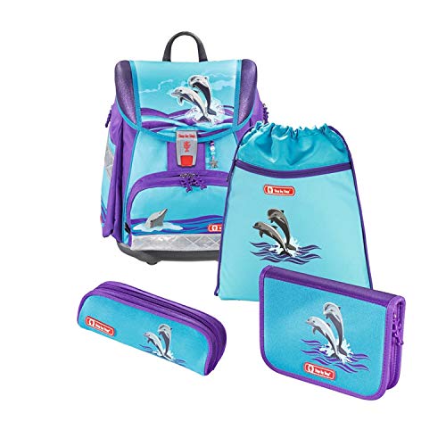 Step by Step Schulranzen-Set TOUCH 2 „Happy Dolphins“ 4-teilig, lila-blau, Traktoren-Design, ergonomischer Tornister mit Reflektoren, höhenverstellbar für Mädchen 1. Klasse, 21L von Step by Step