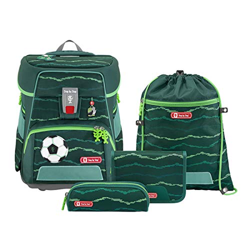 Step by Step Schulranzen-Set e-Space „Soccer Star“ 5-teilig, blau-grün, ergonomischer Tornister mit Reflektoren, höhenverstellbar mit elektrischem Hüftgurt für Jungen ab der 1. Klasse, 20L von Step by Step