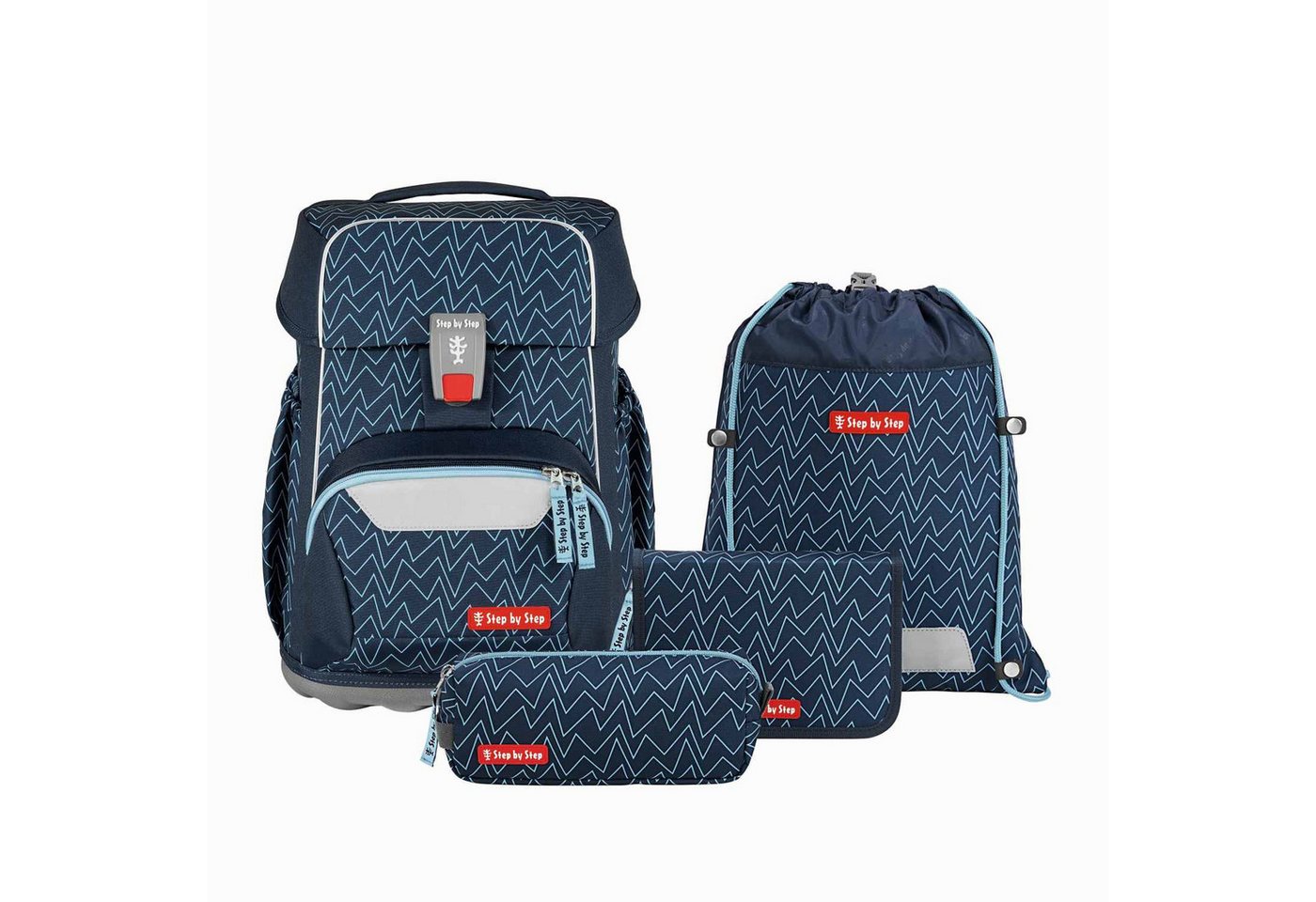 Step by Step Schulrucksack Step by Step BASIS Schulranzen-Set „Blue Lines“, 4-teilig von Step by Step