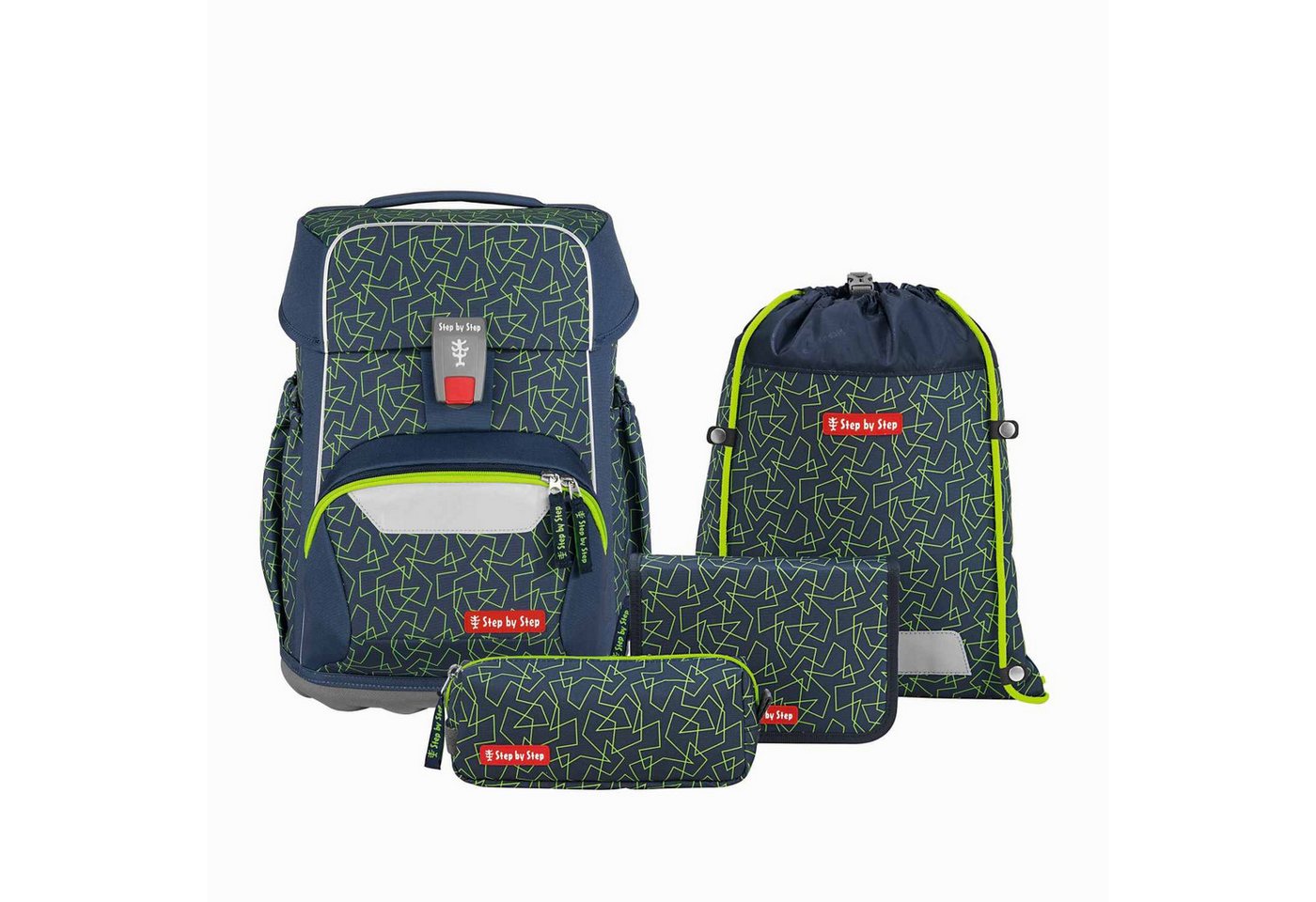 Step by Step Schulrucksack Step by Step BASIS Schulranzen-Set „Green Geometric“, 4-teilig von Step by Step