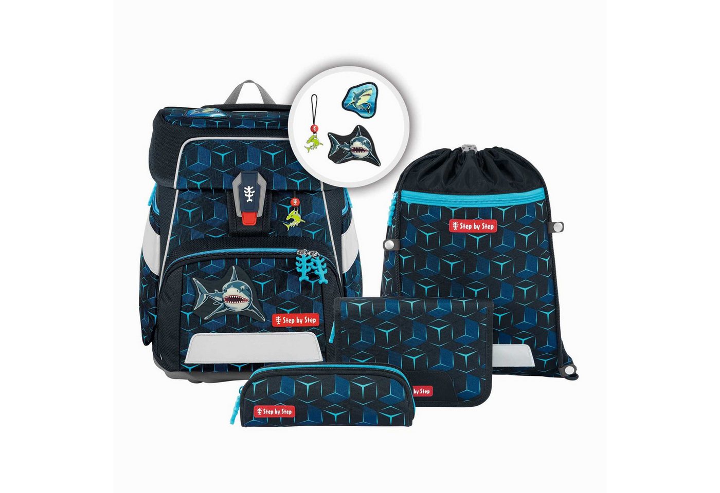 Step by Step Schulrucksack Step by Step SPACE SHINE Schulranzen-Set "Shark Dexter" 5-teilig von Step by Step