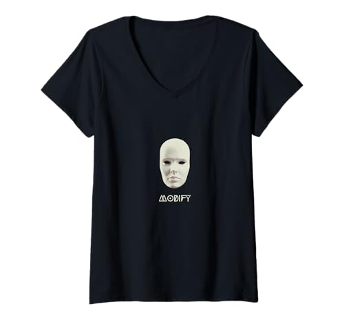 Damen Futuristische Cyberpunk-Maske Minimalistisch Abstraktes KI-Gesicht T-Shirt mit V-Ausschnitt Damen Futuristische Cyberpunk-Maske Minimalistisch Abstraktes KI-Gesicht T-Shirt mit V-Ausschnitt von Step into the future with this futuristic