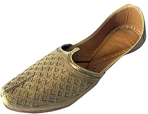 Step n Style Flache goldene Khussa-Schuhe für Herren, traditionell, indisches Leder, Loafer, Punjabi Jutti, Gold (gold), 41 EU von Step n Style