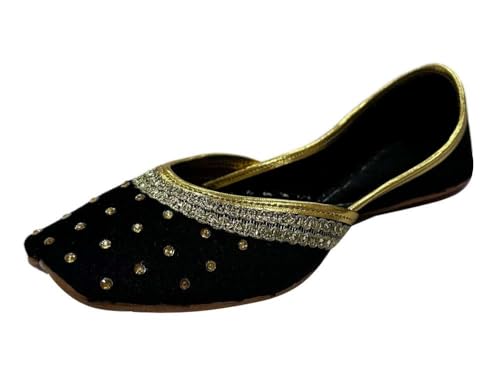Step n Style Handgefertigte Damenschuhe aus Samt Punjabi Jutti Ethnische flache Schuhe – Gold Traditionelle indische Schuhe für Freizeit und Festlichkeit, Schwarz, 40 EU von Step n Style