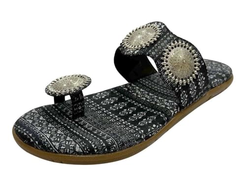 Step n Style Kolhapuri Chappal für Damen, flache Flip-Flop, Kolhapuri-Sandalen, Ethno-Stil, lässig, Mojaris, Schwarz Multi-1, 37 EU von Step n Style
