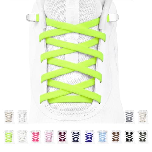 Stepace 2 Paar Elastische Schnürsenkel für Kinder und Erwachsene Sportschuhe Sneaker flache Schuhbänder elastische ohne binden Neongelb 120 von Stepace