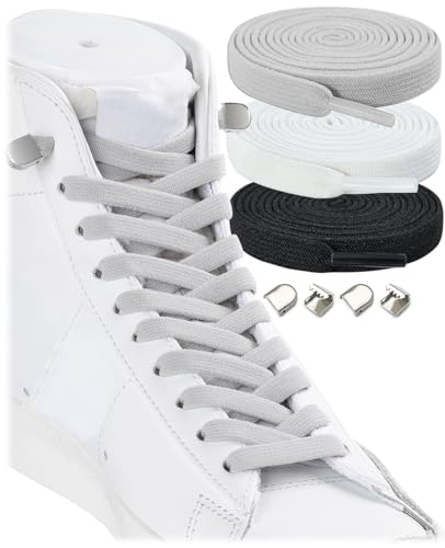 Stepace 3 Paar Flache Elastische Schnürsenkel für Sneaker, 8 mm Breit Elastische Schnürsenkel ohne Binden für Kinder und Erwachsene Schwarz Weiß Grau 100 von Stepace