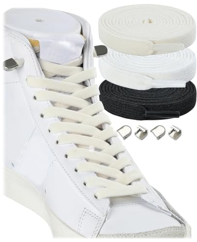 Stepace 3 Paar Flache Elastische Schnürsenkel für Sneaker, 8 mm Breit Elastische Schnürsenkel ohne Binden für Kinder und Erwachsene Schwarz Weiß Off White 100 von Stepace