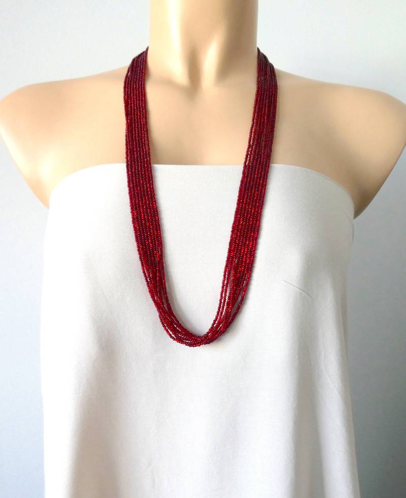 Cranberry Perlen Halskette, Rubin Boho Mehrstrangige Lange Brautjungfer Geschenke, Hochzeitsschmuck von StephanieMartinCo