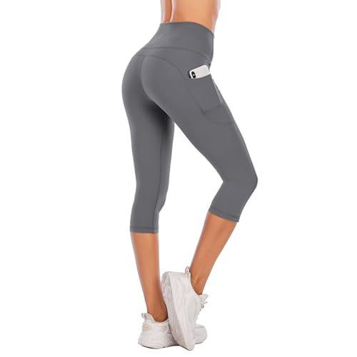 Steppe Naked Feeling Hoch taillierte Capri-Yogahose für Damen, Workout-Leggings mit Taschen, Bauchkontrolle, Butterweich, Kompressions-Laufcapris für Sport, Fitnessstudio, Training, Dunkelgrau-XXL von Steppe