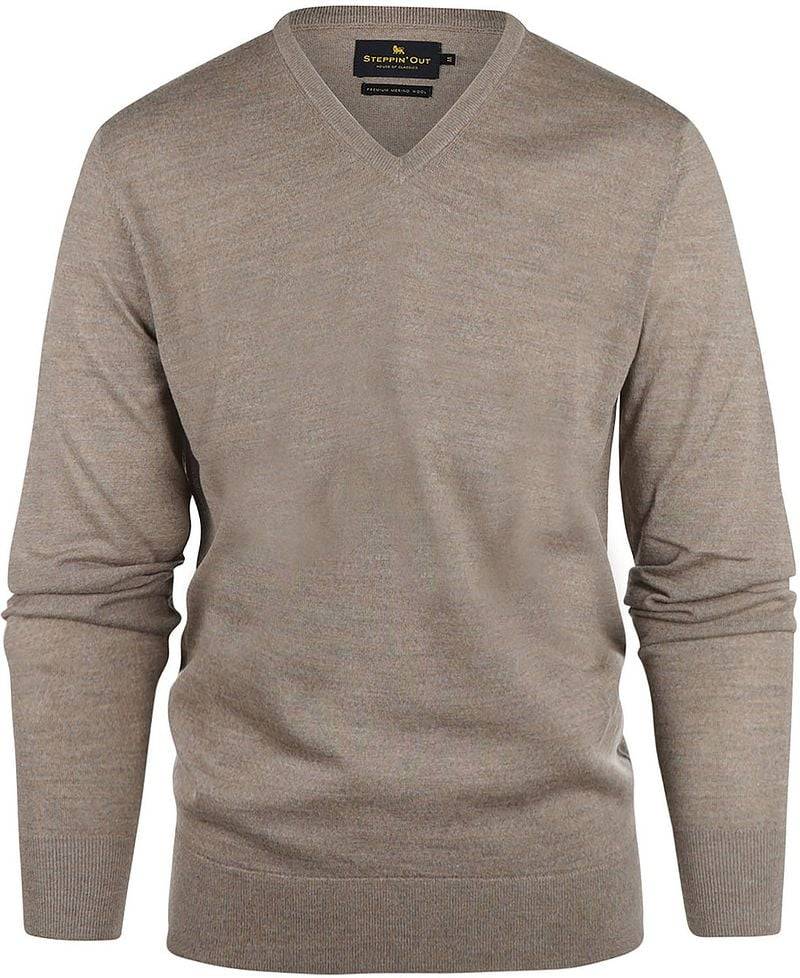 Steppin' Out Pullover V-Ausschnitt Merinowolle Taupe - Größe XXL von Steppin' Out