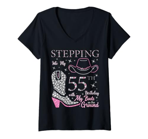 Damen Ich trete in Meinen 55. Geburtstag mit Meinen Stiefeln auf dem Boden T-Shirt mit V-Ausschnitt von Stepping Into My Birthday Cowgirls B-Day Party