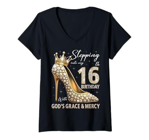 Damen Mit Gottes Gnade und Barmherzigkeit in Meinen 16. Geburtstag treten T-Shirt mit V-Ausschnitt Damen Mit Gottes Gnade und Barmherzigkeit in Meinen 16. Geburtstag treten T-Shirt mit V-Ausschnitt von Stepping Into My Birthday Heel & Crown B-day Ideas