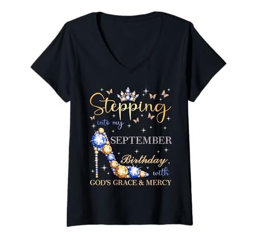 Damen Mit Gottes Gnade an Meinem September-Geburtstag teilnehmen T-Shirt mit V-Ausschnitt Damen Mit Gottes Gnade an Meinem September-Geburtstag teilnehmen T-Shirt mit V-Ausschnitt von Stepping Into My Birthday Party September Bday