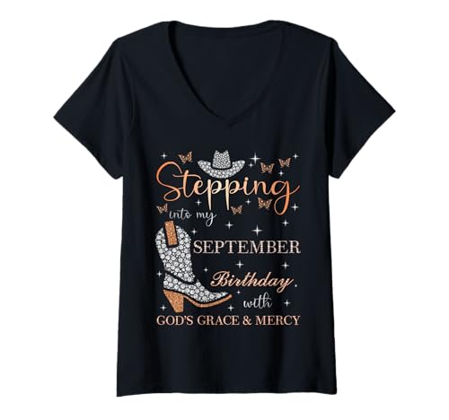 Damen Mit Gottes Gnade und Barmherzigkeit an Meinem September-Geburtstag teilnehmen T-Shirt mit V-Ausschnitt Damen Mit Gottes Gnade und Barmherzigkeit an Meinem September-Geburtstag teilnehmen T-Shirt mit V-Ausschnitt von Stepping Into My Birthday Party September Bday