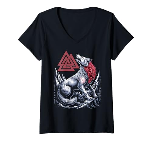 Damen Fenrir Skandinavischer Wolf nordischer Valknut Wikinger Mythologie T-Shirt mit V-Ausschnitt von Steps To Valhalla - Norse Viking Wolf Fenrir