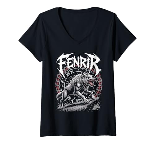 Damen Fenrir Wikinger Kompass - Nordischer Wolf Wikinger Vegvisir T-Shirt mit V-Ausschnitt Damen Fenrir Wikinger Kompass - Nordischer Wolf Wikinger Vegvisir T-Shirt mit V-Ausschnitt von Steps To Valhalla - Norse Viking Wolf Fenrir