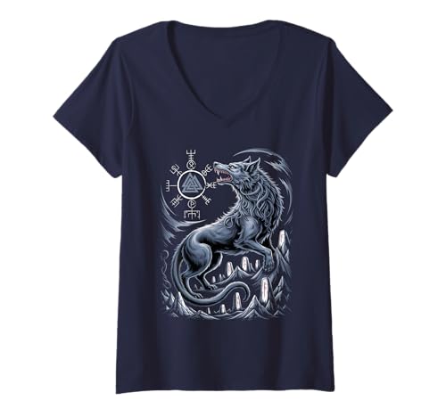 Damen Fenrir Wikinger Wolf - Valknut Vegvisir nordische Mythologie T-Shirt mit V-Ausschnitt von Steps To Valhalla - Norse Viking Wolf Fenrir