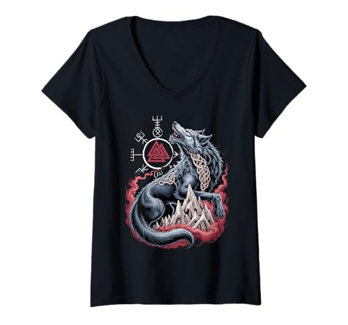 Damen Fenrir Wikinger Wolf - nordischer Valknut Vegvisir Keltischer Kompass T-Shirt mit V-Ausschnitt Damen Fenrir Wikinger Wolf - nordischer Valknut Vegvisir Keltischer Kompass T-Shirt mit V-Ausschnitt von Steps To Valhalla - Norse Viking Wolf Fenrir