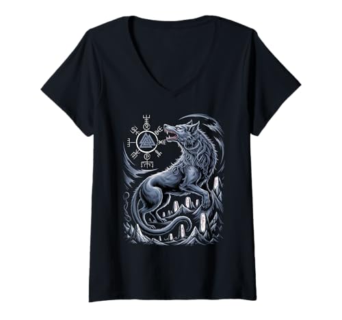 Damen Fenrir Wikinger Wolf - nordischer Valknut Vegvisir Mythologie T-Shirt mit V-Ausschnitt Damen Fenrir Wikinger Wolf - nordischer Valknut Vegvisir Mythologie T-Shirt mit V-Ausschnitt von Steps To Valhalla - Norse Viking Wolf Fenrir