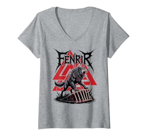 Damen Fenrir Wikinger Wolf - nordisches Valknut-Symbol keltische Mythologie T-Shirt mit V-Ausschnitt von Steps To Valhalla - Norse Viking Wolf Fenrir