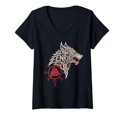 Damen Fenrir Wolf nordisches Valknut-Symbol Keltisches Knotenwerk Wikinger T-Shirt mit V-Ausschnitt Damen Fenrir Wolf nordisches Valknut-Symbol Keltisches Knotenwerk Wikinger T-Shirt mit V-Ausschnitt von Steps To Valhalla - Norse Viking Wolf Fenrir